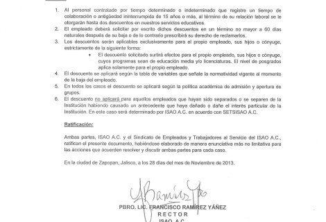 Ratificación del acuerdo Sindical 2003 relativo al otorgamiento de descuentos para uso de nuestros descuentos educativos para empleados ISAO A,C